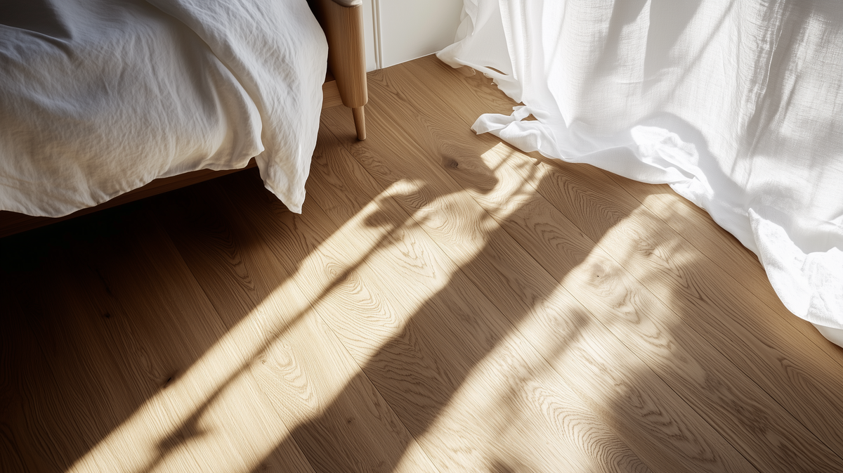 Hardwood floor bathed in warm natural light near a bed with white linen curtains