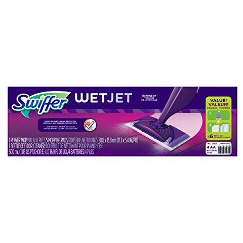 Swiffer WetJet Hardwood and Floor Spray Mop Cleaner Starter Kit, Includes: 1 Power Mop, 5 Pads, Cleaner Solution, Batteries