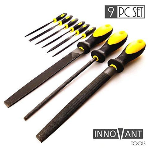 INNOVANT 9 Piece Premium Grade High Carbon Hardened Steel File Set W/ Comfortable Rubber Hand Grip Handles - Round Rasp Half Round Flat & Needle Files Best For Shaping Wood / Metal & Sharpening Tools - Easiklip Floors
