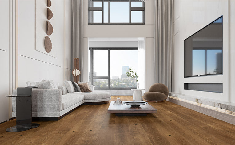 solid floating hardwood flooring in the living room