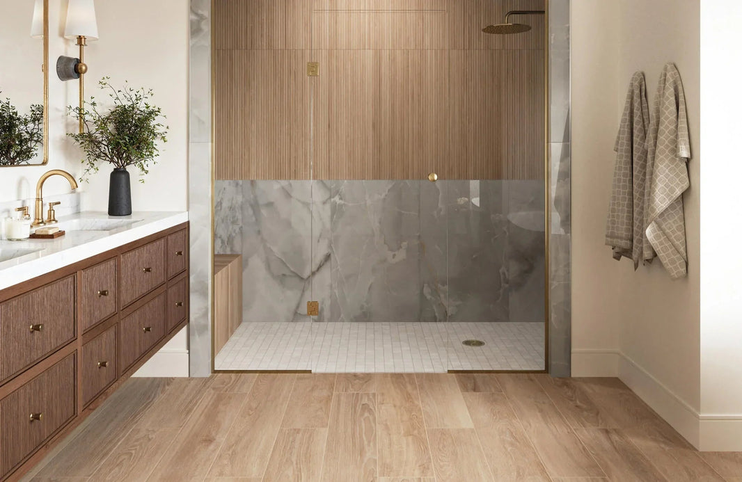 hardwood floors in the bathroom with a walk out shower