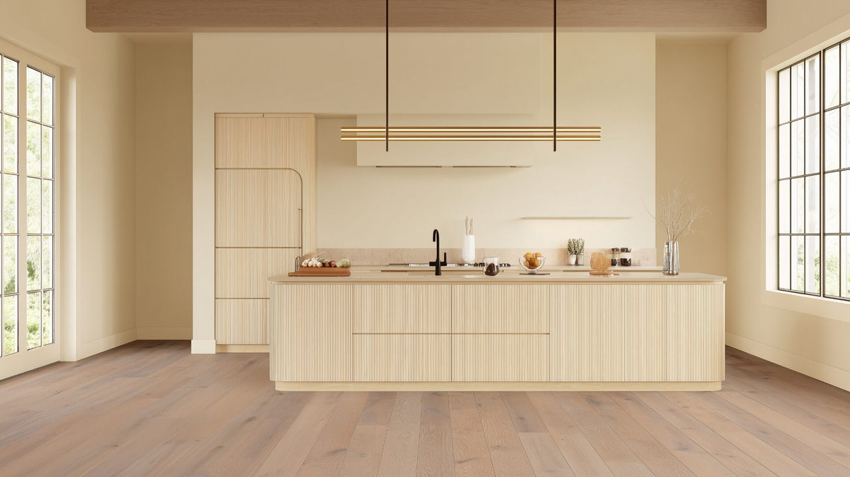 Close-up detail of Easiklip 3/4-inch solid white oak hardwood plank in daylight