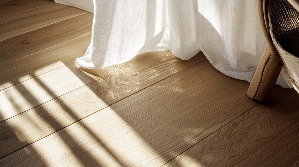 Close-up of Easiklip solid white oak hardwood flooring detail in natural light