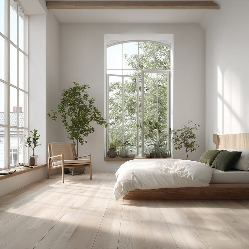 Easiklip solid white oak hardwood floor in a bright modern room with large windows