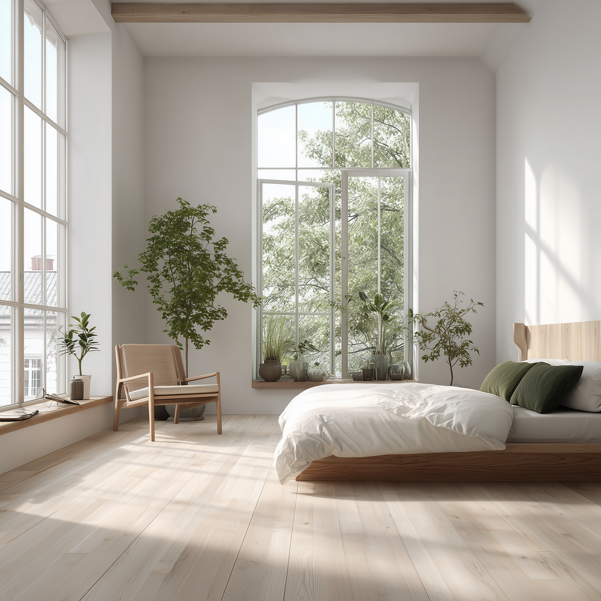 Bright airy bedroom with pale oak hardwood flooring, large arched windows, and lush plants