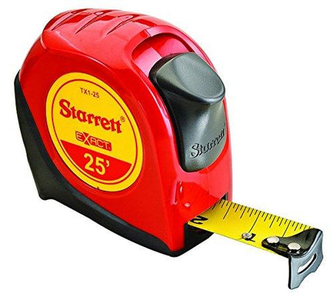 Starrett KTX1-25-N-SP01 Exact Tape Measure, 1" Wide x 25', Graduated in 1/16", with Over molding for Improved Grip